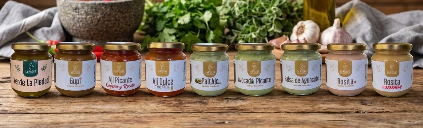 Las nueve salsas de autor de La Piedad en fila sobre una mesa de madera, con mortero de piedra y cilantro al fondo.