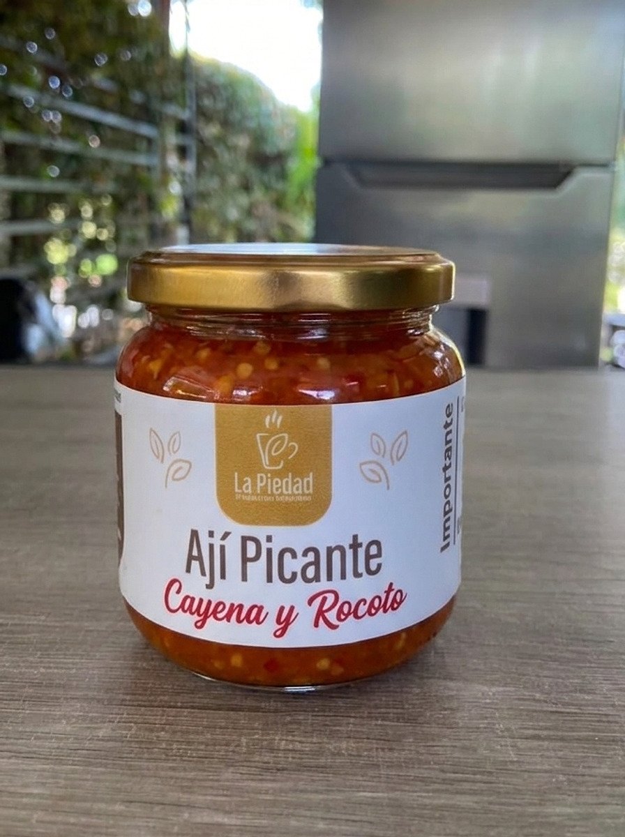 Frasco de Ají Picante Cayena y Rocoto de 250 gramos sobre el mesón de La Piedad, en Guarne.
