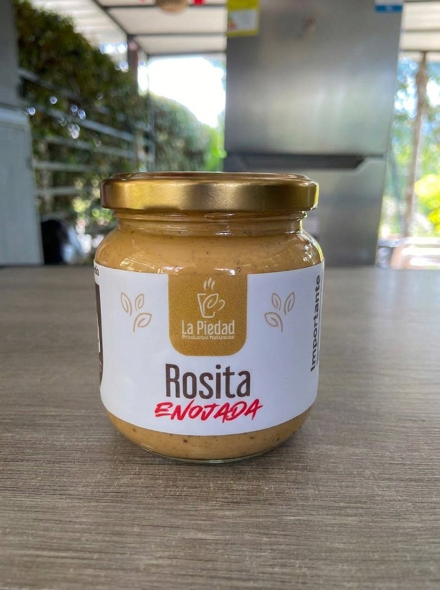 Frasco de Rosita Enojada de 250 gramos sobre el mesón de La Piedad, en Guarne.